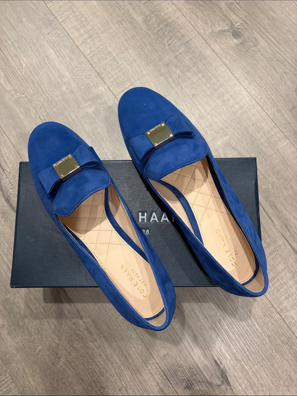 Cole Haan Royal Blue Suede Slip-On Loafers with Gold Accent